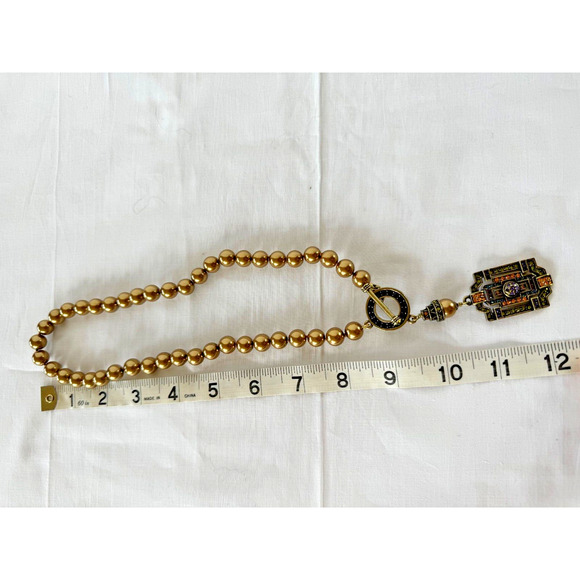 Heidi Daus Bronze Crystal Pearl Necklace Art Deco Toggle w Matching Earrings Box - Picture 5 of 9